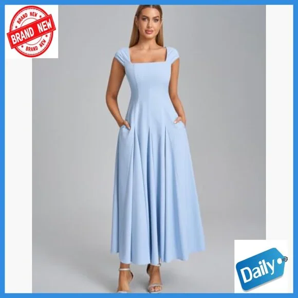 Women's Corset Maxi Dress Cap Sleeve Square Neck Lace Up Formal Midi